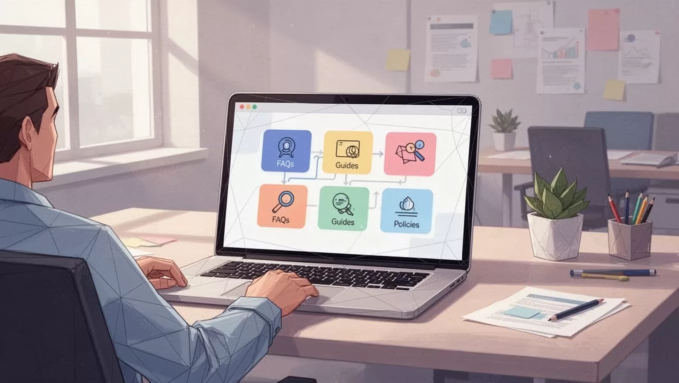 Modern illustration of a team navigation menu in Google Sites knowledge base with categories like FAQs, Guides, and Policies, shown in simple wireframe style on a laptop screen in a collaborative workspace viewed by one person.
