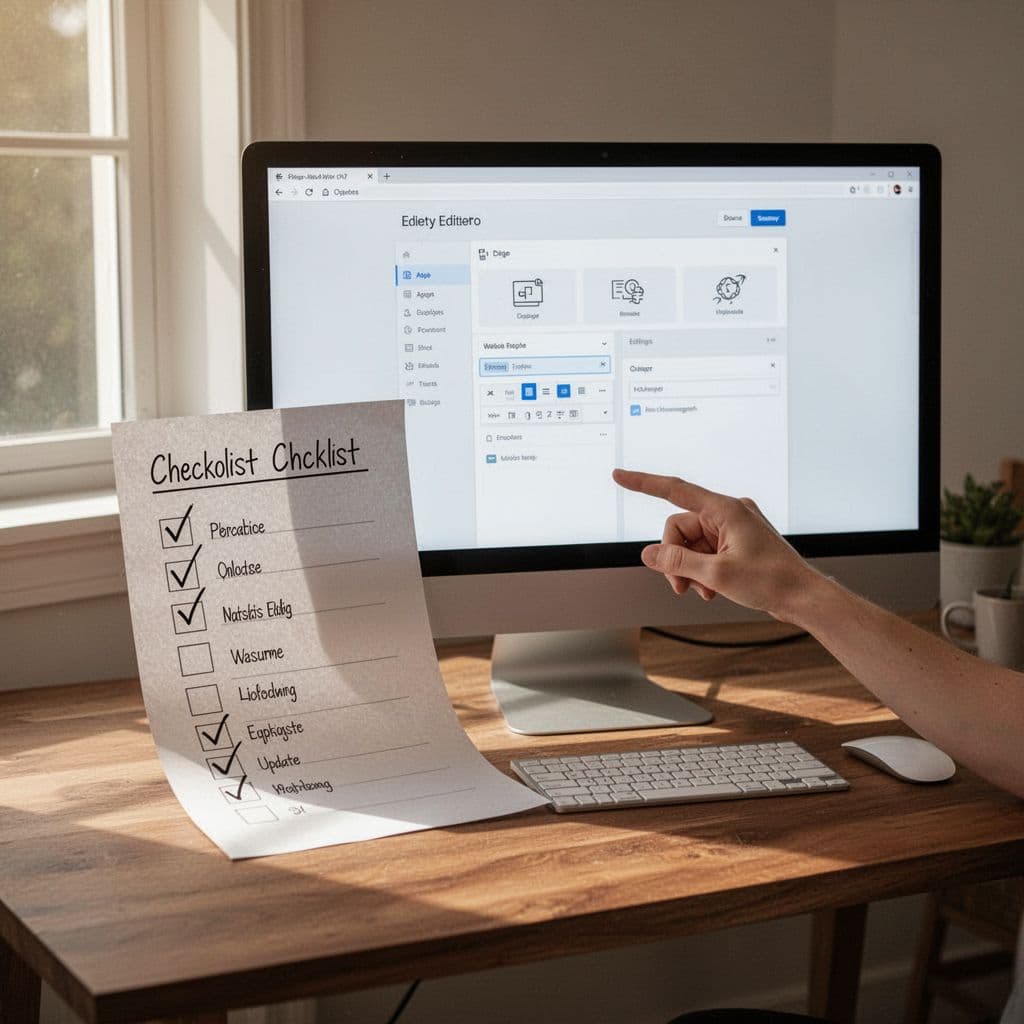 Modern illustration of a paper checklist next to Google Sites editor with update icons on a cozy desk, featuring a hand pointing to the list, using clean shapes and a controlled color palette for a simple, focused composition.
