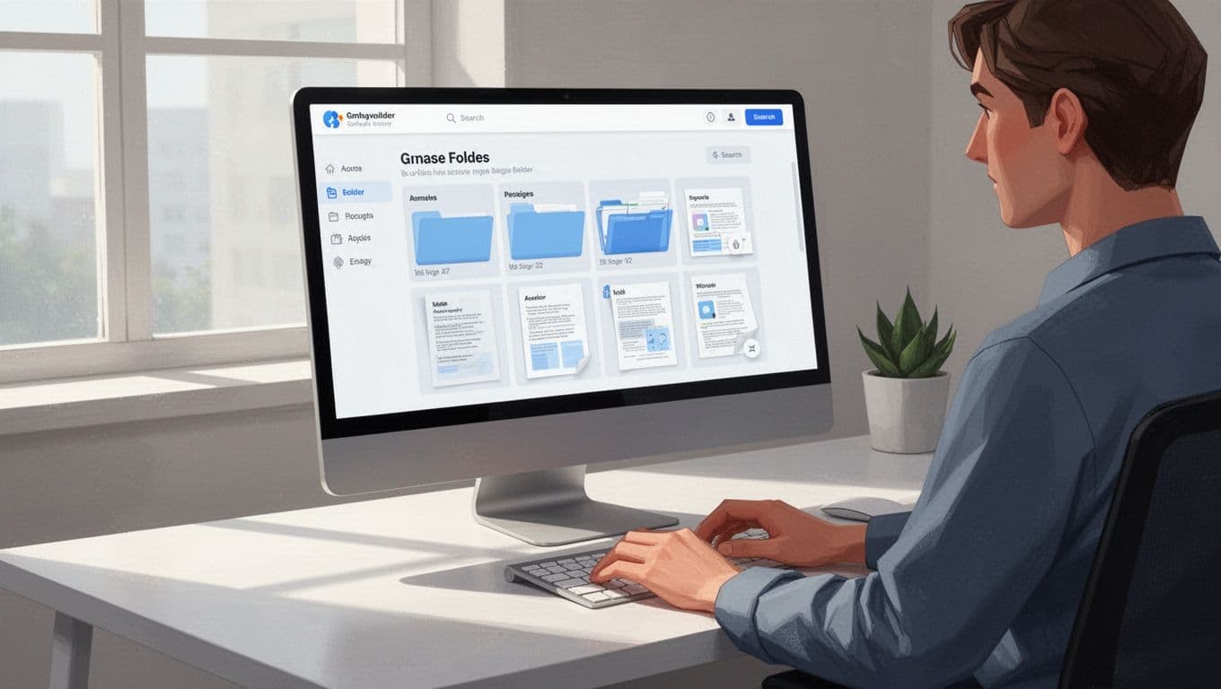 Modern illustration of a person at a desk organizing documents into folders on a computer screen showing the Google Sites interface, in a clean office setting with focus on the screen and hands near keyboard.