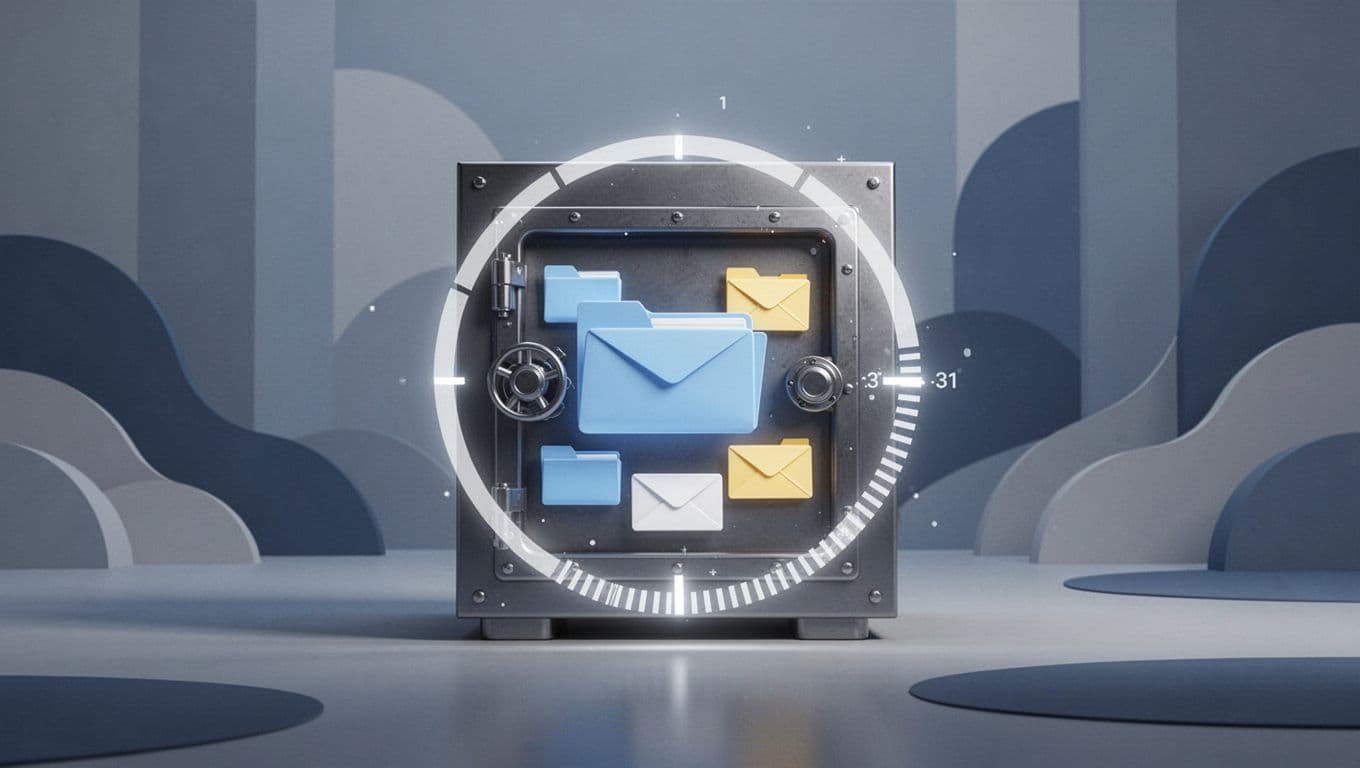Modern illustration of a secure digital vault holding files and emails with a retention timer countdown, using clean shapes in a blue and gray palette.