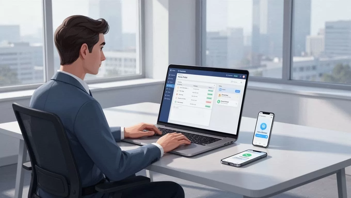 Modern minimalistic illustration of a single admin user at a desk in a bright office, with laptop displaying the Google Admin console's Security menu and a smartphone showing a 2-Step Verification notification prompt.