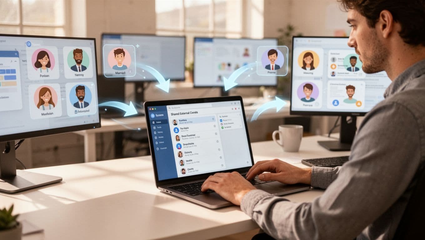 Modern illustration of a Google Workspace admin at a desk in a bright office, using the admin console to add shared external contacts to the directory, with subtle sync arrows to team member icons.