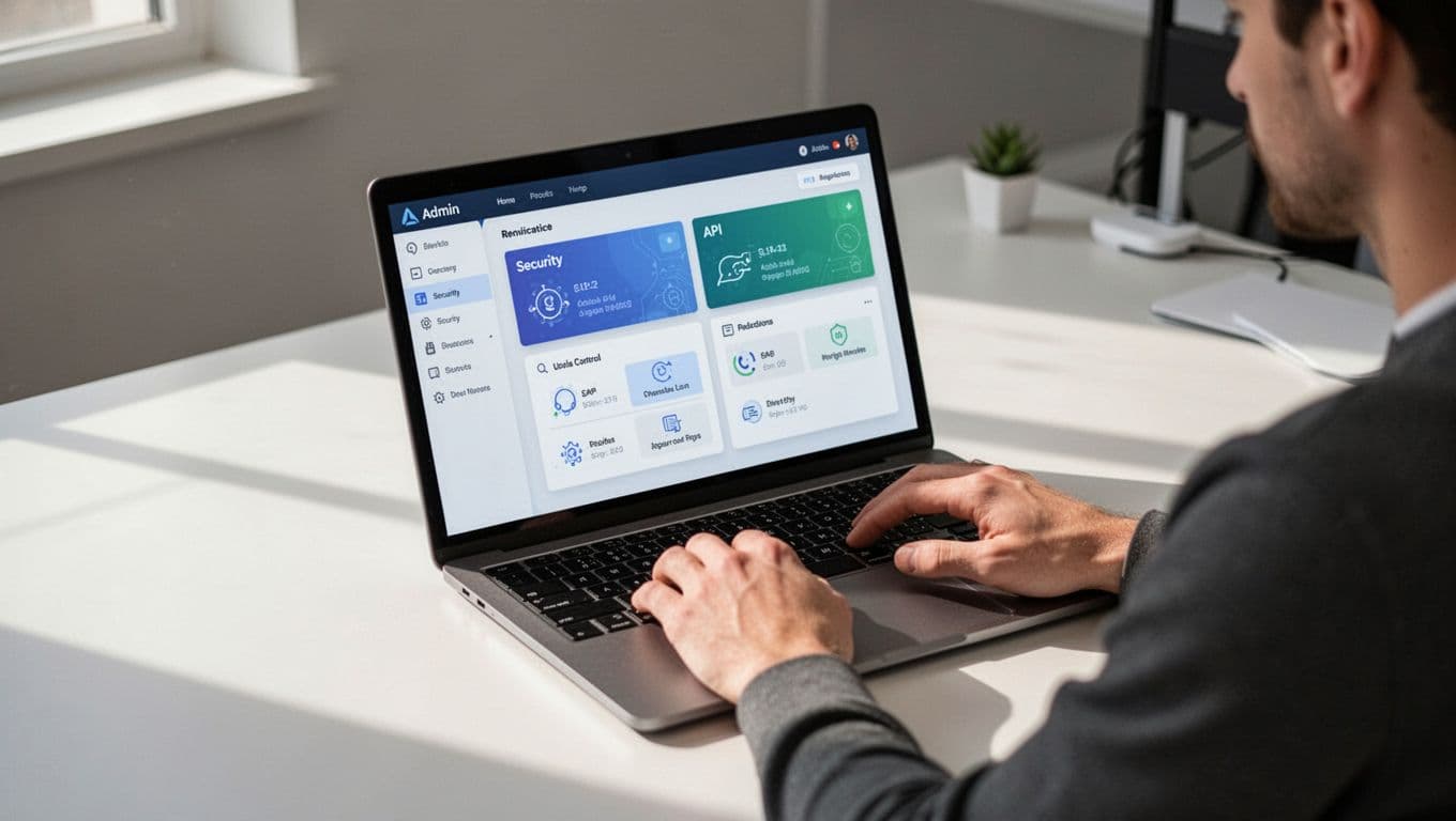 Modern illustration of an IT administrator at a clean desk with laptop open to Google Workspace Admin console, showing path to Security, Access and data control, API controls for third-party apps, focused on screen and hands on keyboard.