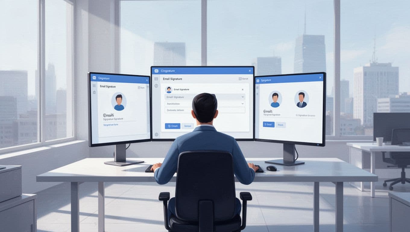 Google Workspace admin in modern office at desk with dual monitors displaying Gmail compliance footers setup screen and team member signature icons, clean illustration in blues and whites.