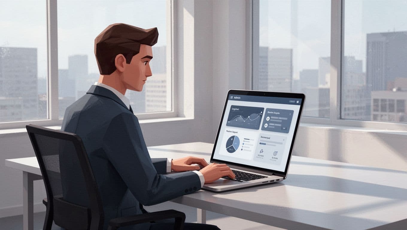 Modern illustration of an administrator at a desk, viewing the Google Workspace Admin Console on a laptop with the menu path to Reporting and Alert Center highlighted abstractly.