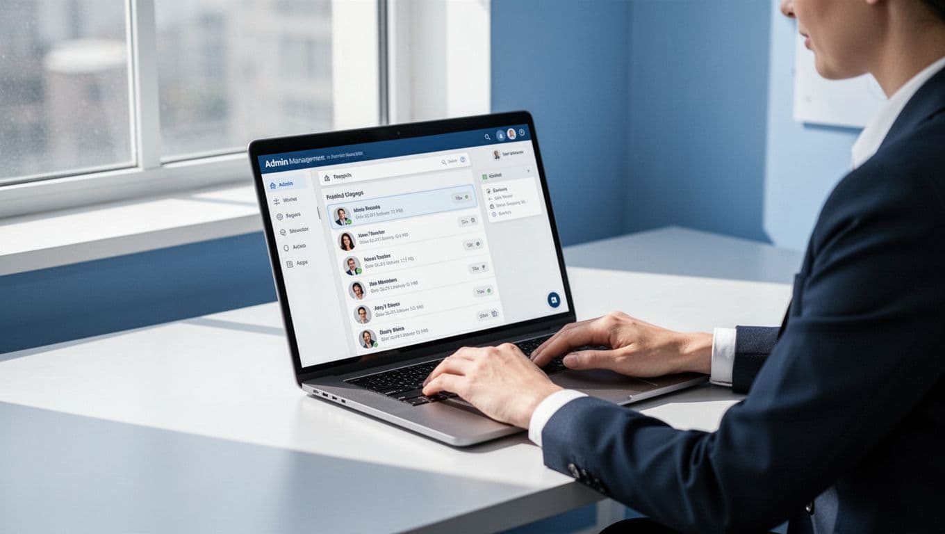 Modern illustration of a business admin at a desk using Google Workspace Admin console on a laptop to manage users and email aliases, featuring clean shapes and a blue-white palette.