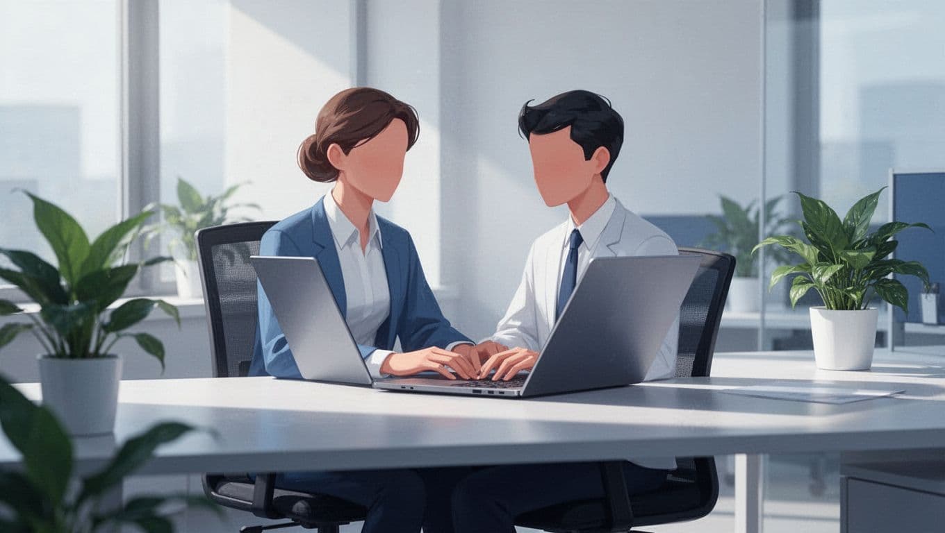 Modern illustration of a Google Workspace admin at a desk with a laptop open to the Admin console, typing a group name in a simplified creation form. Clean blues and whites, office setting with plants, focused on relaxed hands on keyboard.