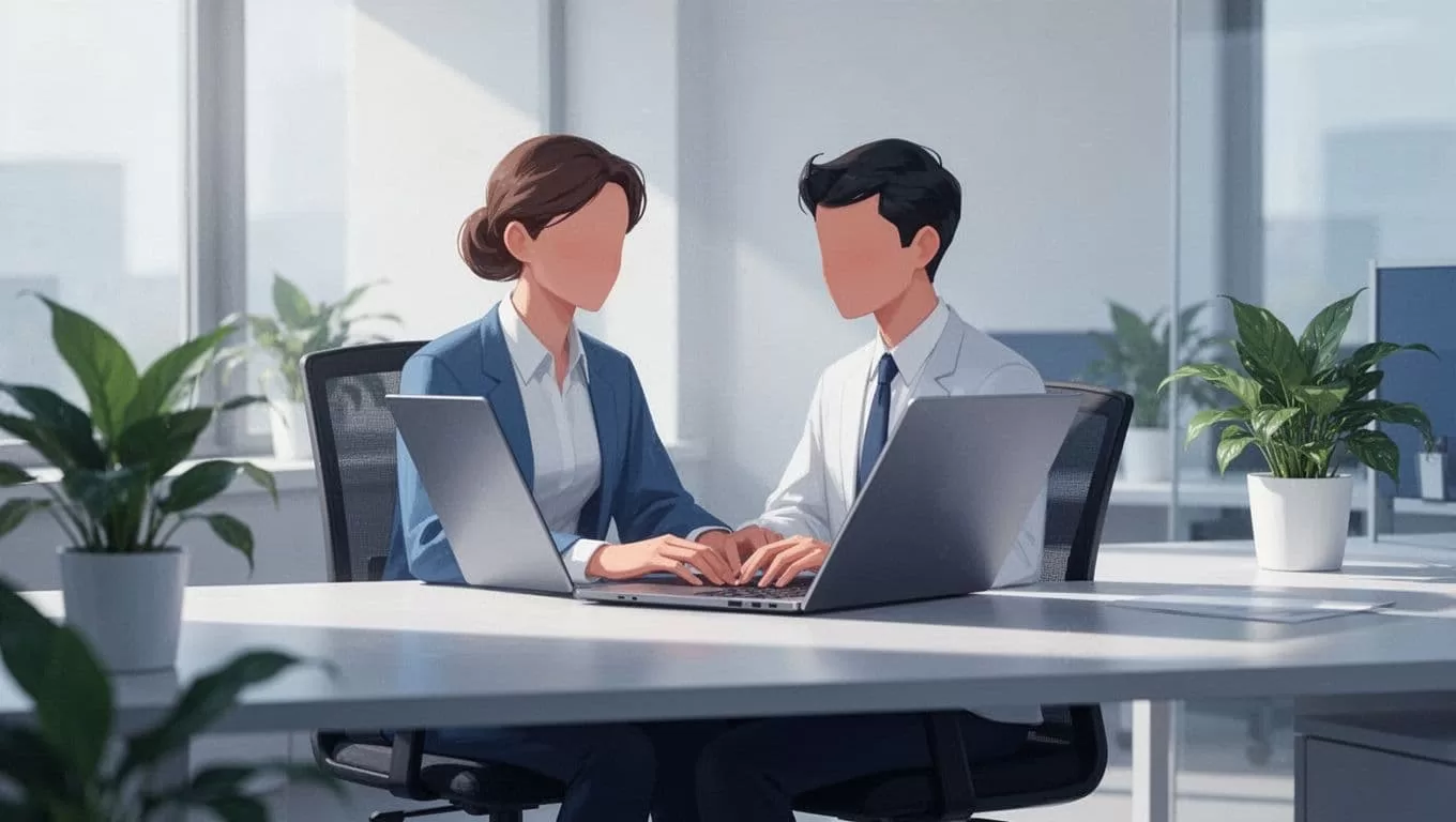 Modern illustration of a Google Workspace admin at a desk with a laptop open to the Admin console, typing a group name in a simplified creation form. Clean blues and whites, office setting with plants, focused on relaxed hands on keyboard.