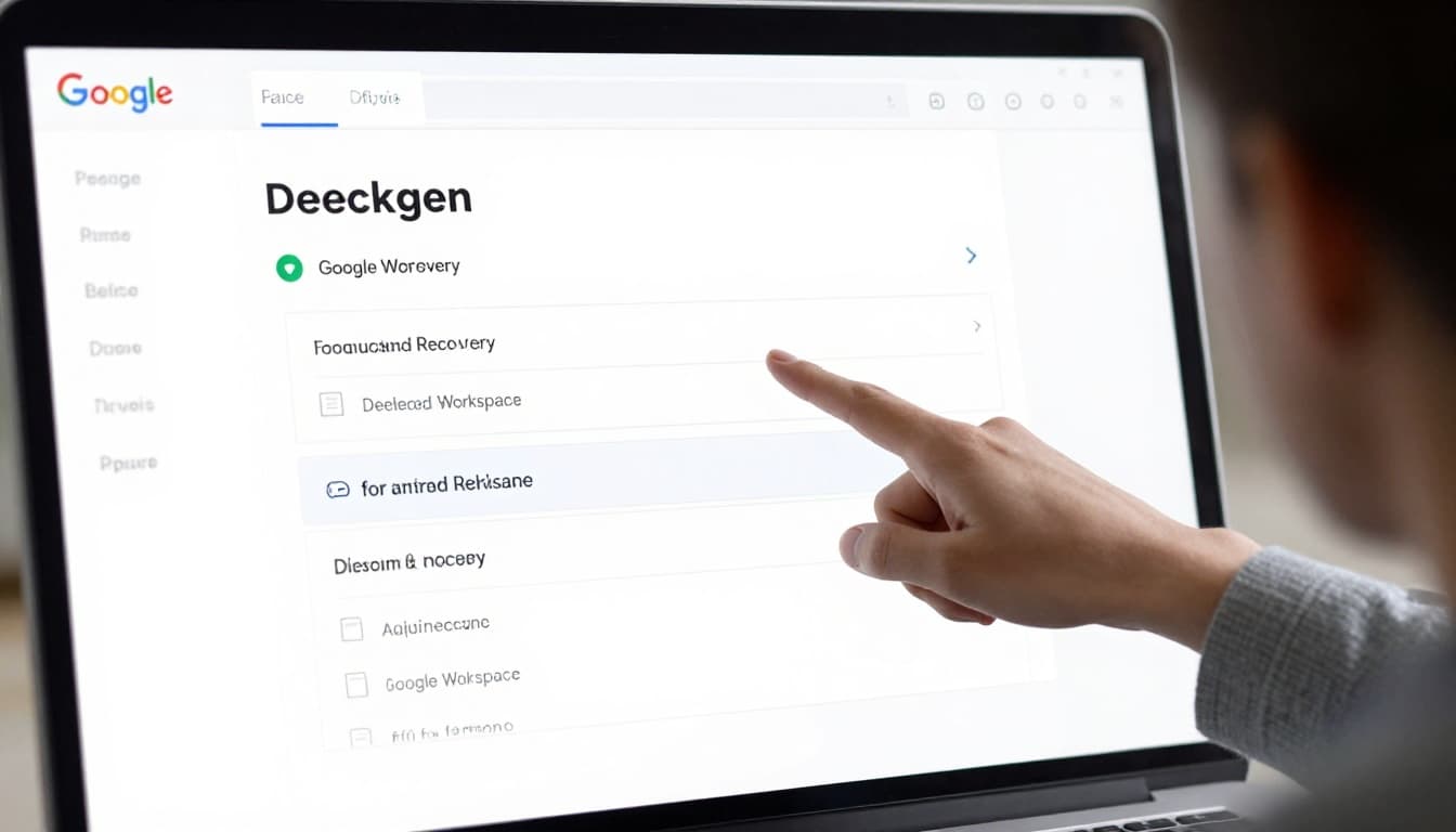 Admin dashboard interface on a computer screen showing Google Workspace recovery options for deleted Drive files, with a person pointing at the screen in a modern clean illustration style using soft blue tones.