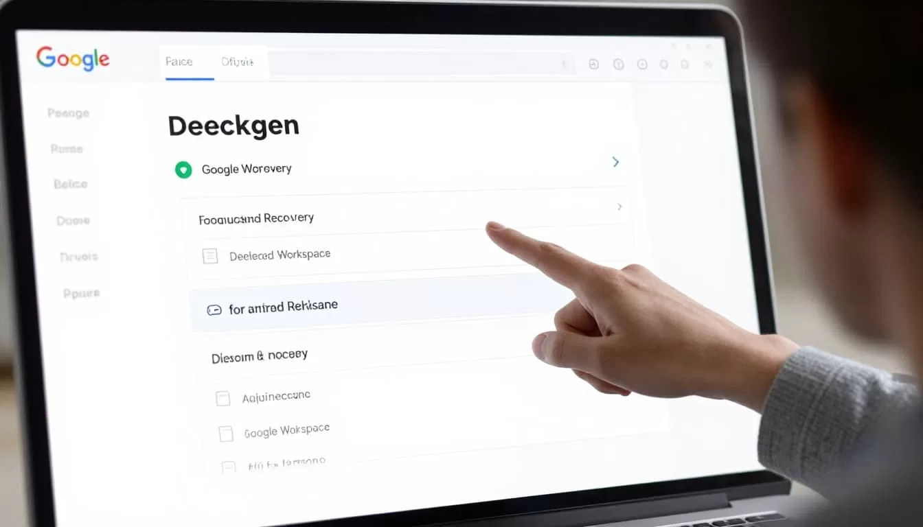 Admin dashboard interface on a computer screen showing Google Workspace recovery options for deleted Drive files, with a person pointing at the screen in a modern clean illustration style using soft blue tones.