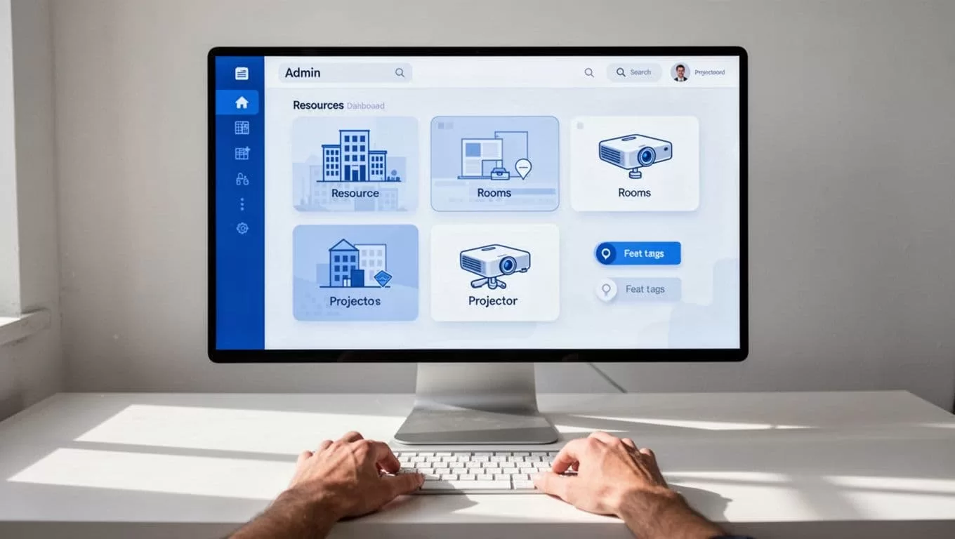 Desktop monitor shows simplified Google Workspace admin dashboard with icons for buildings, floors, rooms, projectors, and features on a workspace desk.