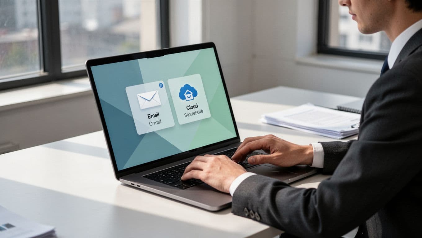Modern illustration of Google Workspace admin console with data transfer tool open for Gmail and Drive. Admin user at laptop desk selects options, emphasizing secure data handoff theme with clean blue-green colors.