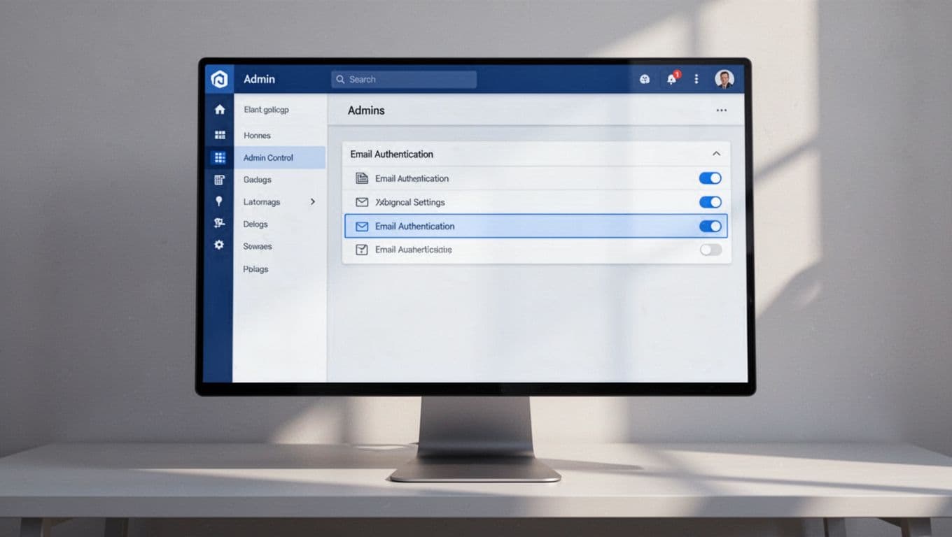 Modern illustration of a desktop computer screen showing the Google Workspace Admin console dashboard with navigation to Apps, Google Workspace, Gmail, and Authenticate email highlighted.