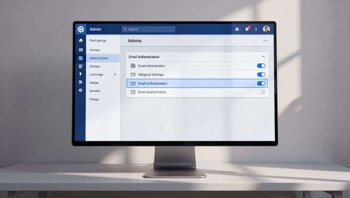 Modern illustration of a desktop computer screen showing the Google Workspace Admin console dashboard with navigation to Apps, Google Workspace, Gmail, and Authenticate email highlighted.