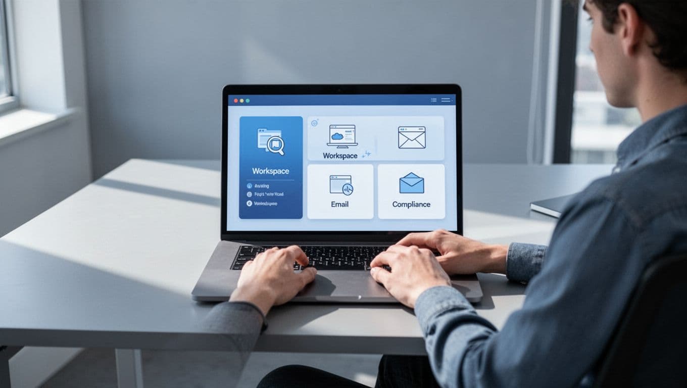 Modern illustration in a clean blue-gray palette showing a laptop screen with Google Workspace Admin console navigation menu, including Apps, Google Workspace, Gmail, and Compliance sections, and a person sitting at a modern desk with hands on the keyboard.