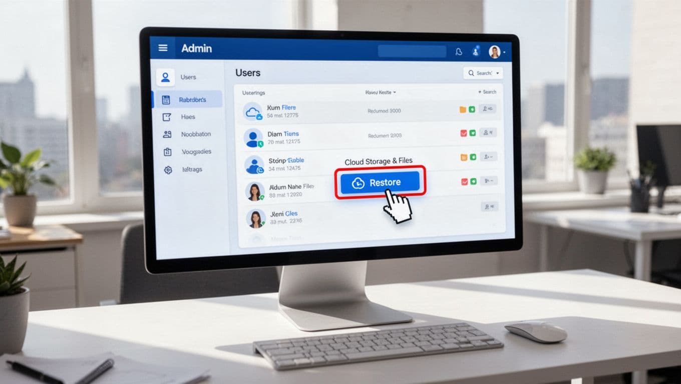 Modern illustration of Google Workspace admin console with highlighted restore data button for deleted Drive files, clean blues and whites palette, desk with keyboard, no people or text.