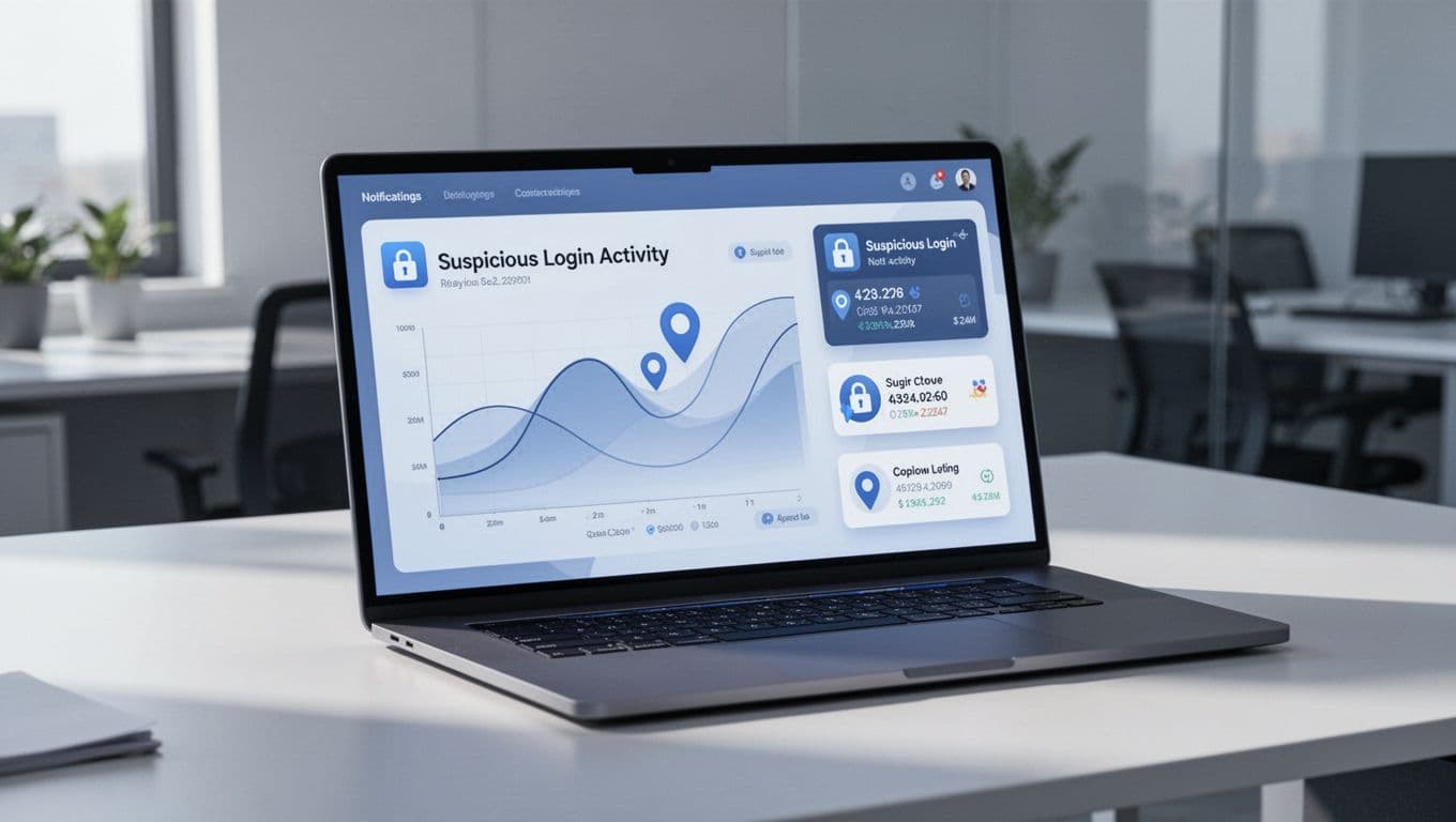Modern illustration of Google Workspace Alert Center dashboard featuring abstract graphs, notifications, secure locks, and location pins for suspicious login activity, viewed on an angled laptop screen in a clean blue-gray tone.