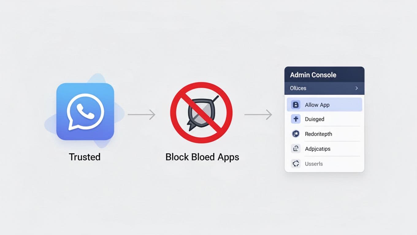 Modern flowchart diagram illustrating steps to block or allowlist third-party apps in Google Workspace using simple icons for trusted and blocked apps, admin console menu on a clean background.