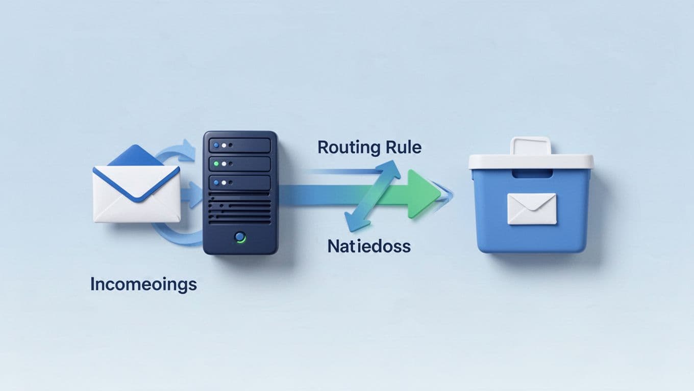 Modern illustration diagram of catch-all email flow in Google Workspace: incoming emails to non-existent domain addresses route through admin routing rule to single target catch-all mailbox, using clean icons, arrows, and blues-greens-whites palette.
