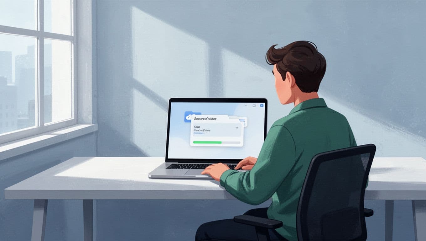Modern illustration of a person at a desk exporting data from Google Workspace apps like Gmail and Drive to a secure folder before offboarding, with laptop screen showing export progress in a simple office setting.