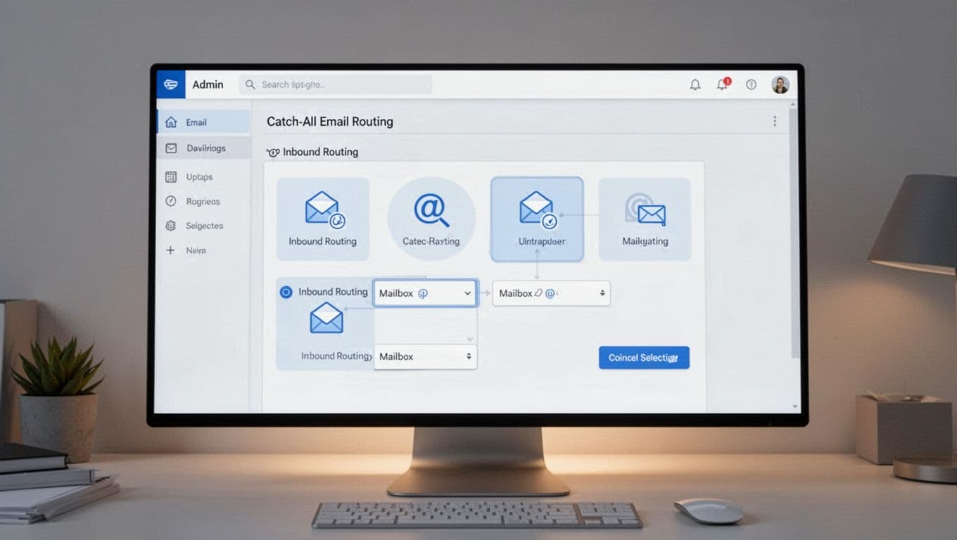 Modern illustration of the Google Workspace admin console open to the Gmail routing settings page, highlighting catch-all address configuration options with clean shapes, soft blues, whites, and grays.