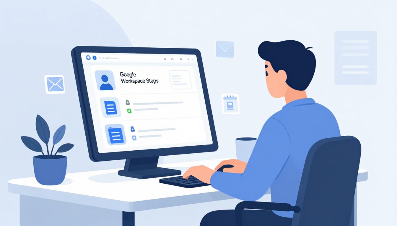 Modern illustration of an IT admin at a desk reviewing a digital checklist on a laptop for Google Workspace offboarding, with icons for suspended account, email forwarding, Drive transfer, calendar sharing, and device wipe.