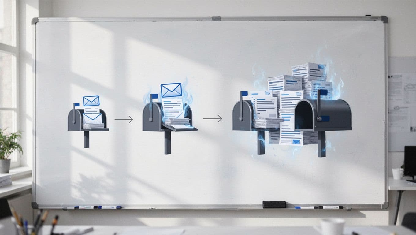Modern illustration in blues and grays showing a four-step flowchart with arrows depicting gradual email volume increase from small batches to larger ones using warming mailbox icons on a whiteboard style background.