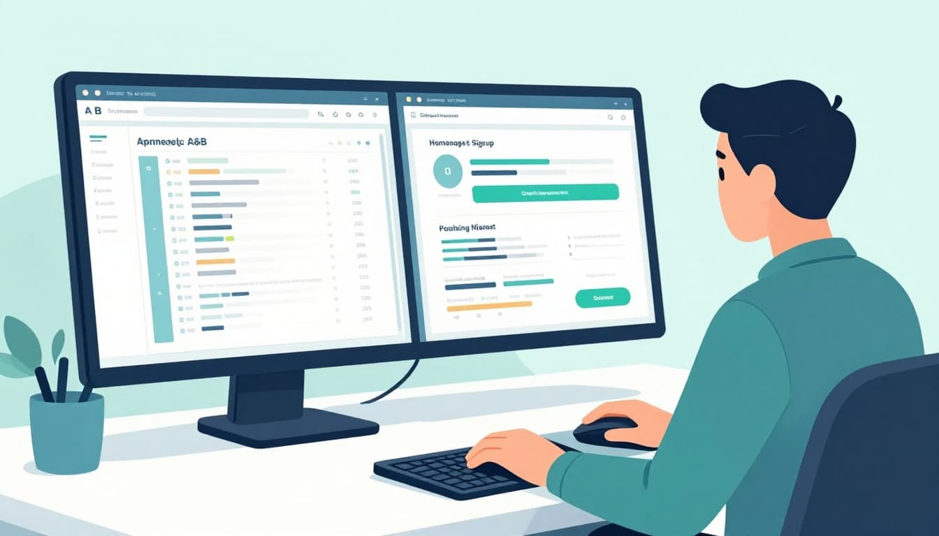 Modern illustration in blue-green palette of a growth marketer at a desk reviewing A/B test homepage variants on dual screens, relaxed pose with hand on mouse, laptop nearby, soft office lighting.