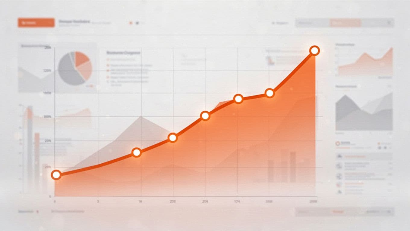 Modern illustration featuring a growth metrics chart with an exploding upward curve, highlighted data points, and a subtle dashboard background in orange and white tones.
