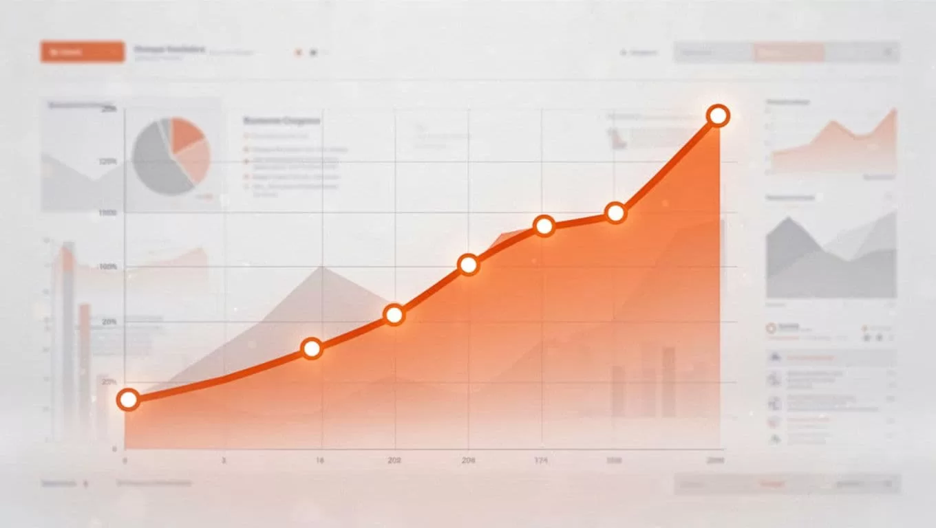 Modern illustration featuring a growth metrics chart with an exploding upward curve, highlighted data points, and a subtle dashboard background in orange and white tones.