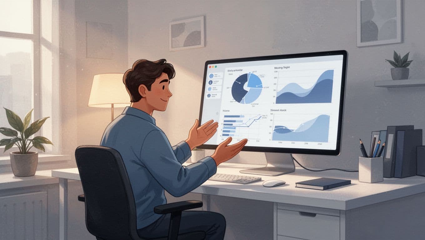 Modern illustration of a single growth team member in a cozy workspace, reviewing simplified charts and graphs of A/B test performance metrics on a large monitor.