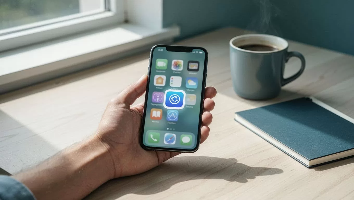 Hand holds smartphone showing app store download button on wooden desk with coffee mug and notebook.