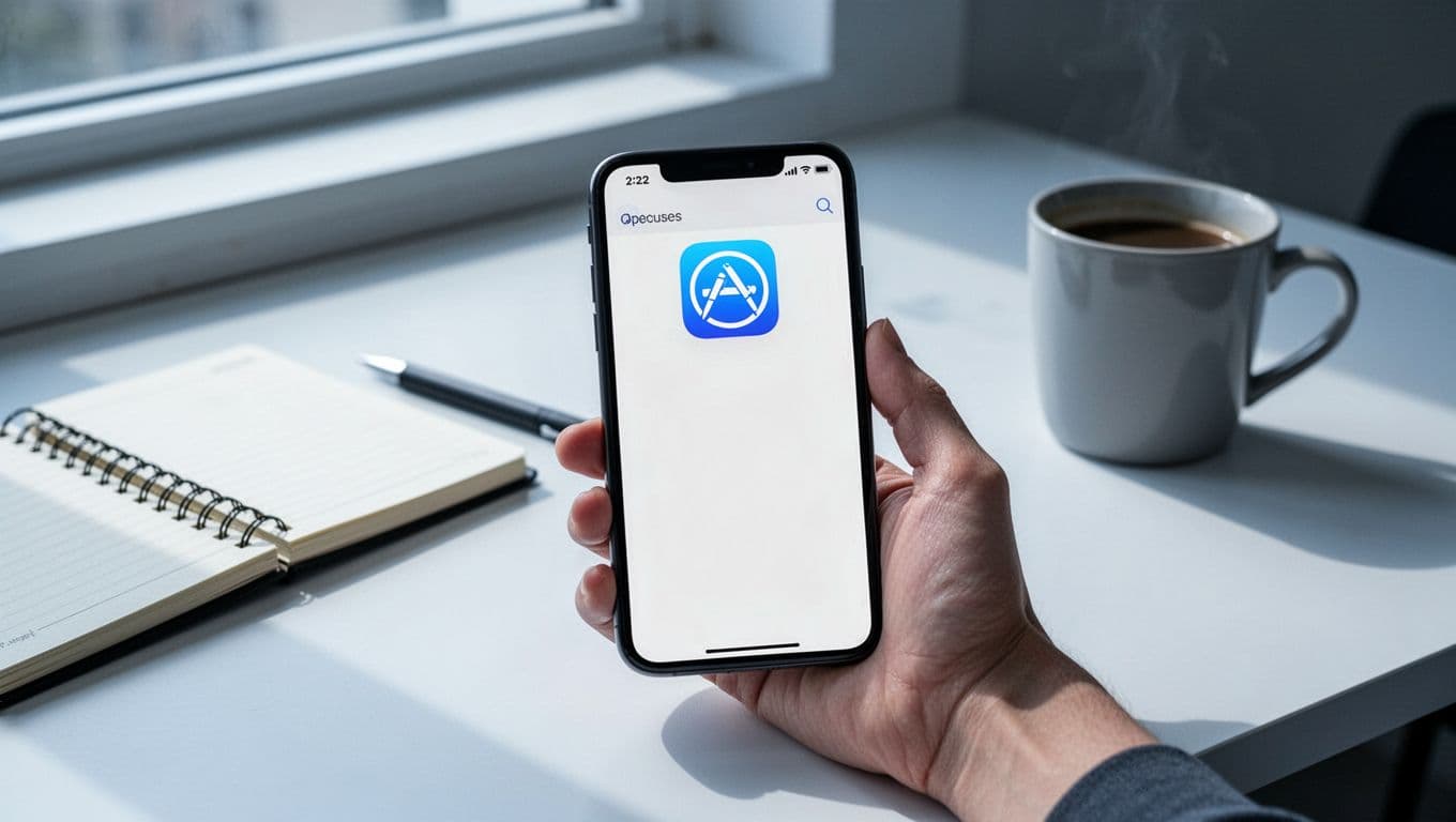 Modern illustration of a hand holding a smartphone displaying the Speechify app page in an app store, on a clean modern desk with notebook and coffee mug nearby, focused composition on the phone screen.