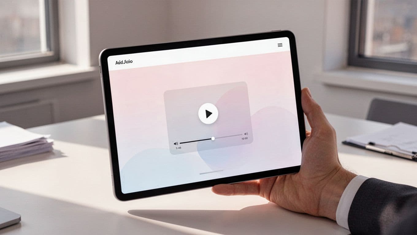 Hand holds sleek tablet displaying website with embedded podcast player showing play button, episode artwork, and progress bar on subtle office desk.