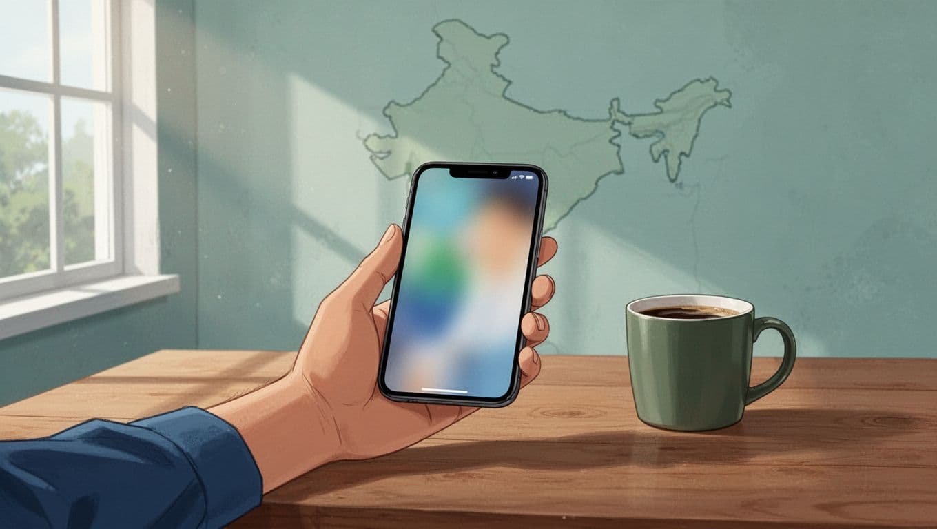Hand holds smartphone with blurred money transfer app screen, faint India map on wall, coffee mug on wooden table.