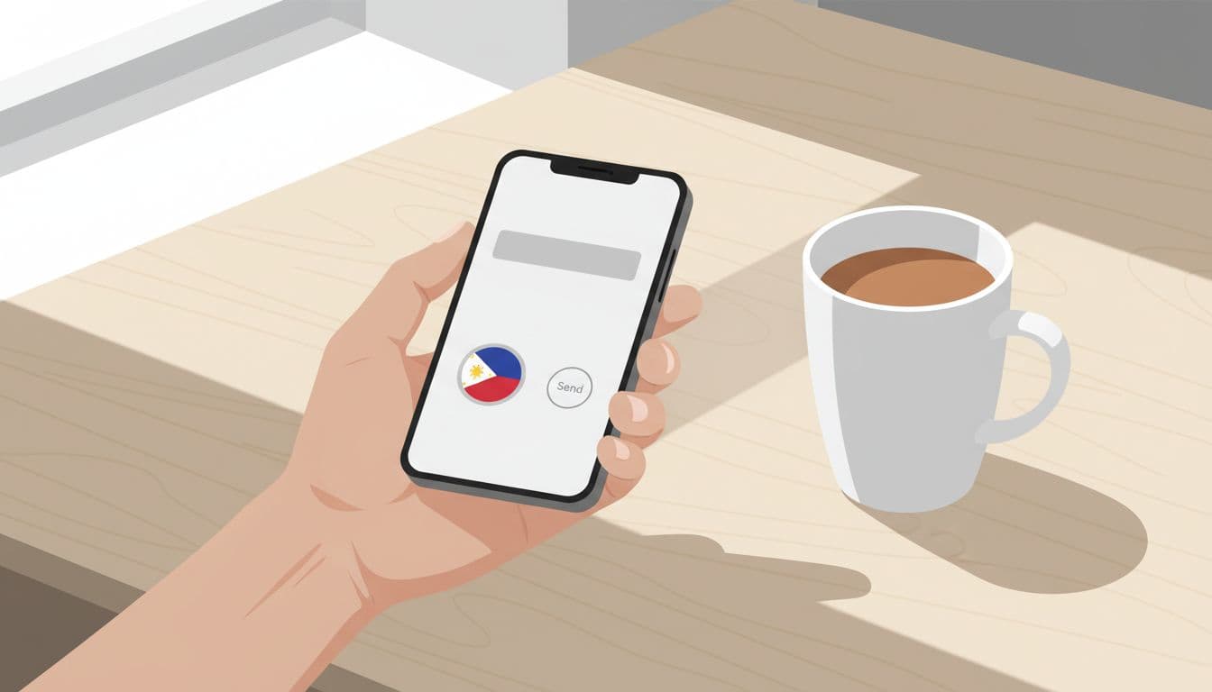 Hand holds smartphone on wooden desk with coffee mug nearby; screen shows money transfer app with Philippines flag and send button.