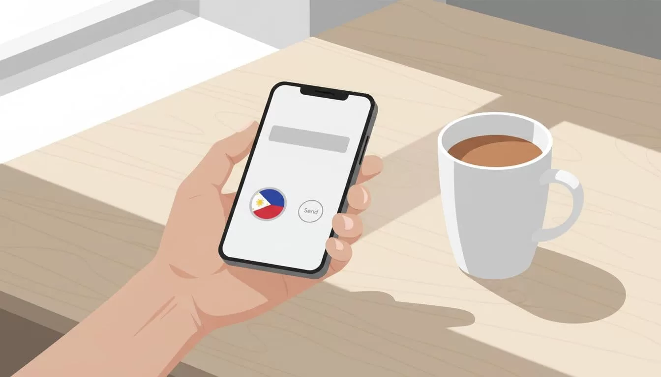 Hand holds smartphone on wooden desk with coffee mug nearby; screen shows money transfer app with Philippines flag and send button.