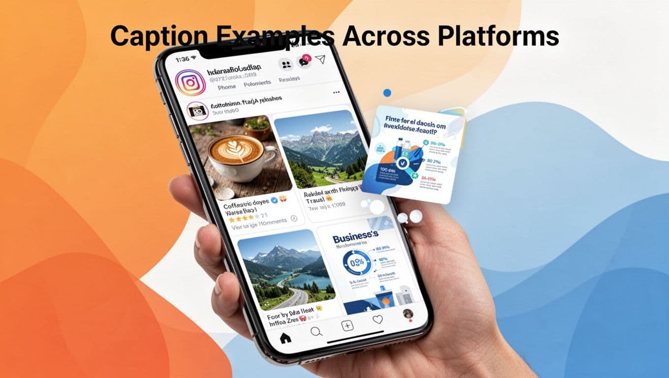 Modern illustration of a smartphone held in a relaxed hand displaying an Instagram feed with three sample posts: coffee product, travel landscape, and business infographic, using a vibrant interface with warm oranges, blues, and whites.