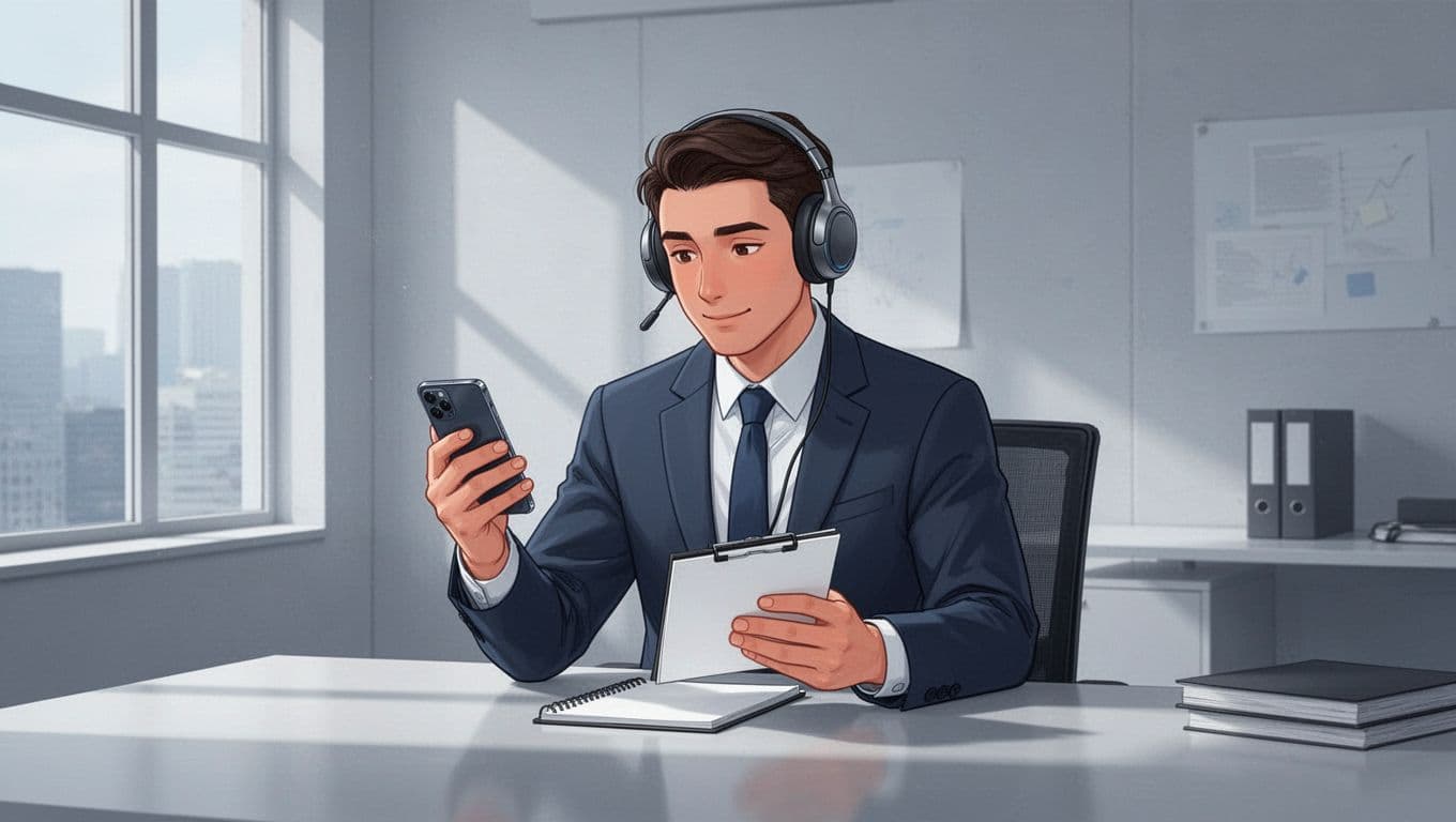 Modern illustration of a busy professional in an office wearing wireless headphones, holding a smartphone with a faint email inbox, listening to text-to-speech while checking a notepad.