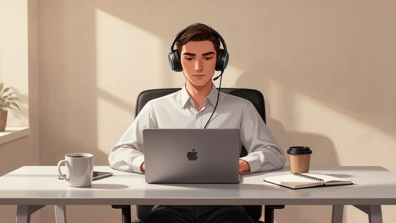 A focused professional sits relaxed at a modern desk with a laptop showing a long document, wearing wireless headphones, a coffee mug and notebook nearby, in a clean illustration style.