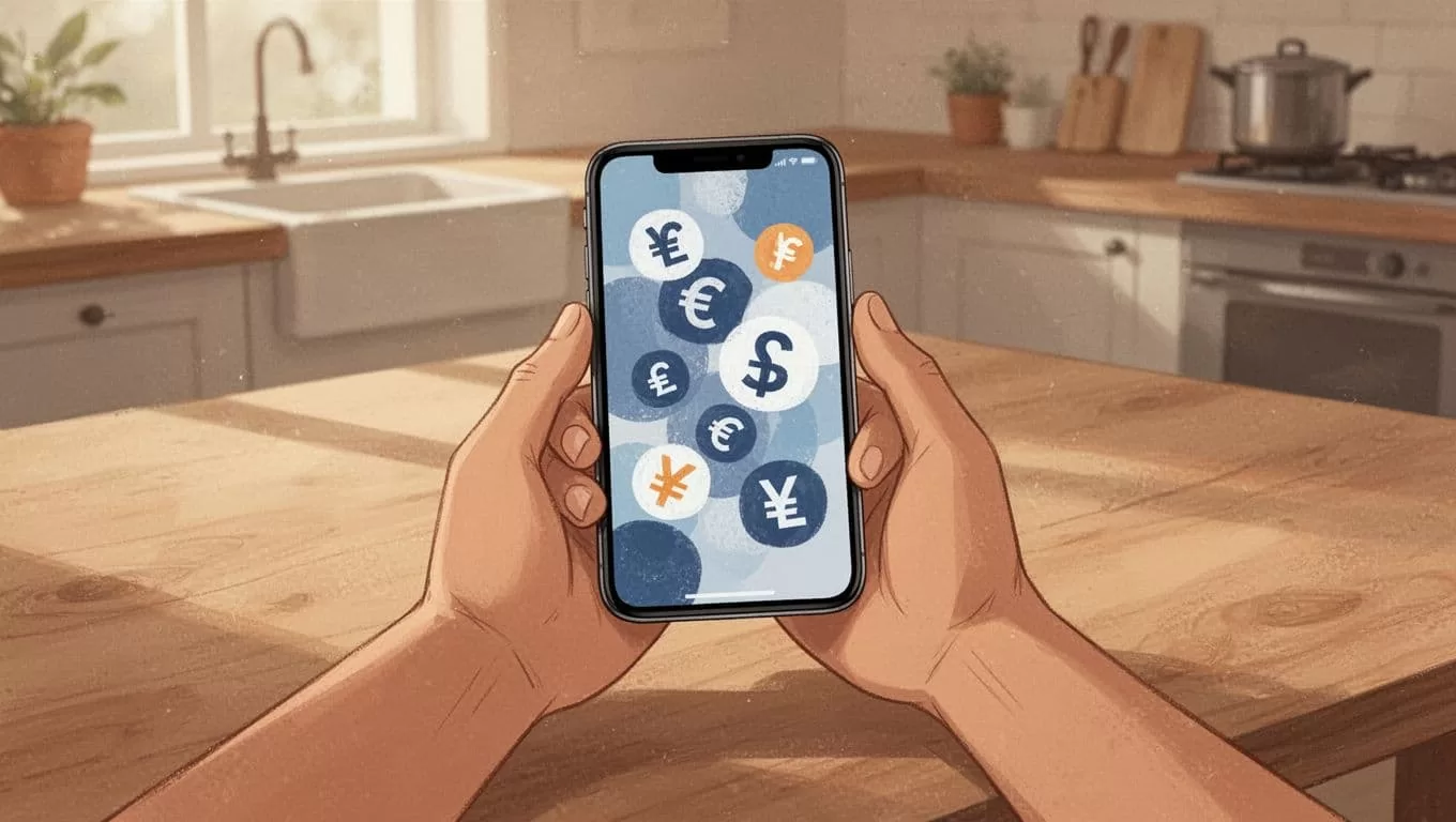 Close-up of hands holding smartphone with money transfer app showing abstract USD and MXN icons on kitchen table.