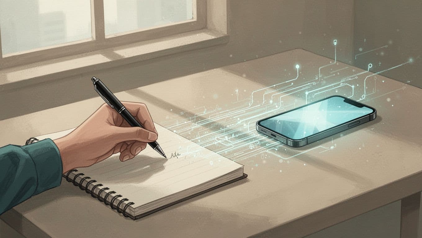 A hand holds a pen writing on a notebook page next to a smartphone displaying extracted text, with paper transforming into digital lines in a modern illustration style.