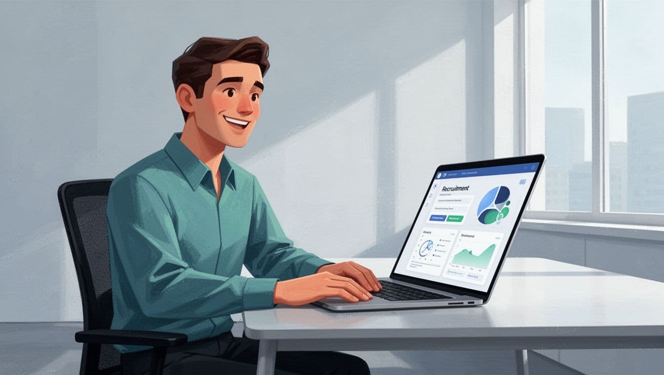 Happy recruiter sits relaxed at modern desk checking laptop screen with recruitment dashboard and pipeline.