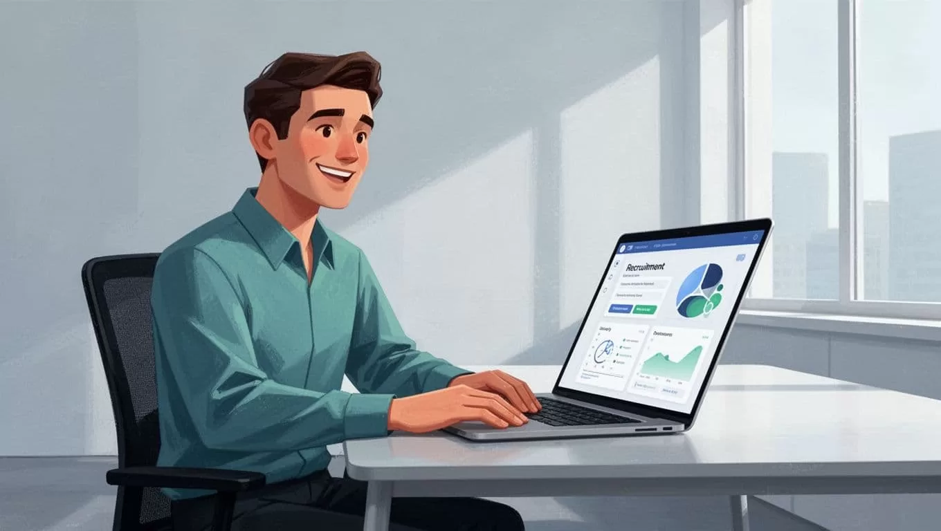 Happy recruiter sits relaxed at modern desk checking laptop screen with recruitment dashboard and pipeline.