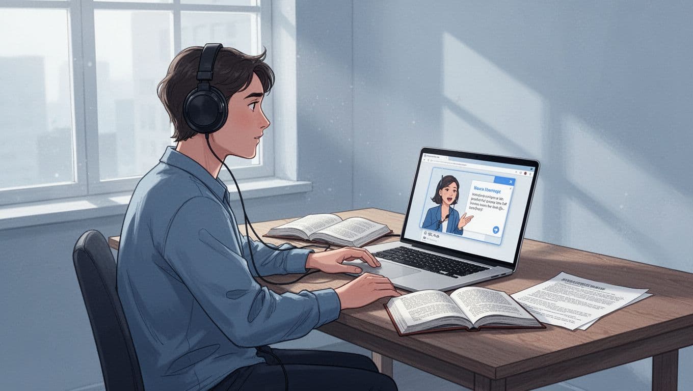 Modern illustration of one person wearing headphones listening to text-to-speech on a laptop, with open book and PDF document on wooden desk, relaxed focused pose.