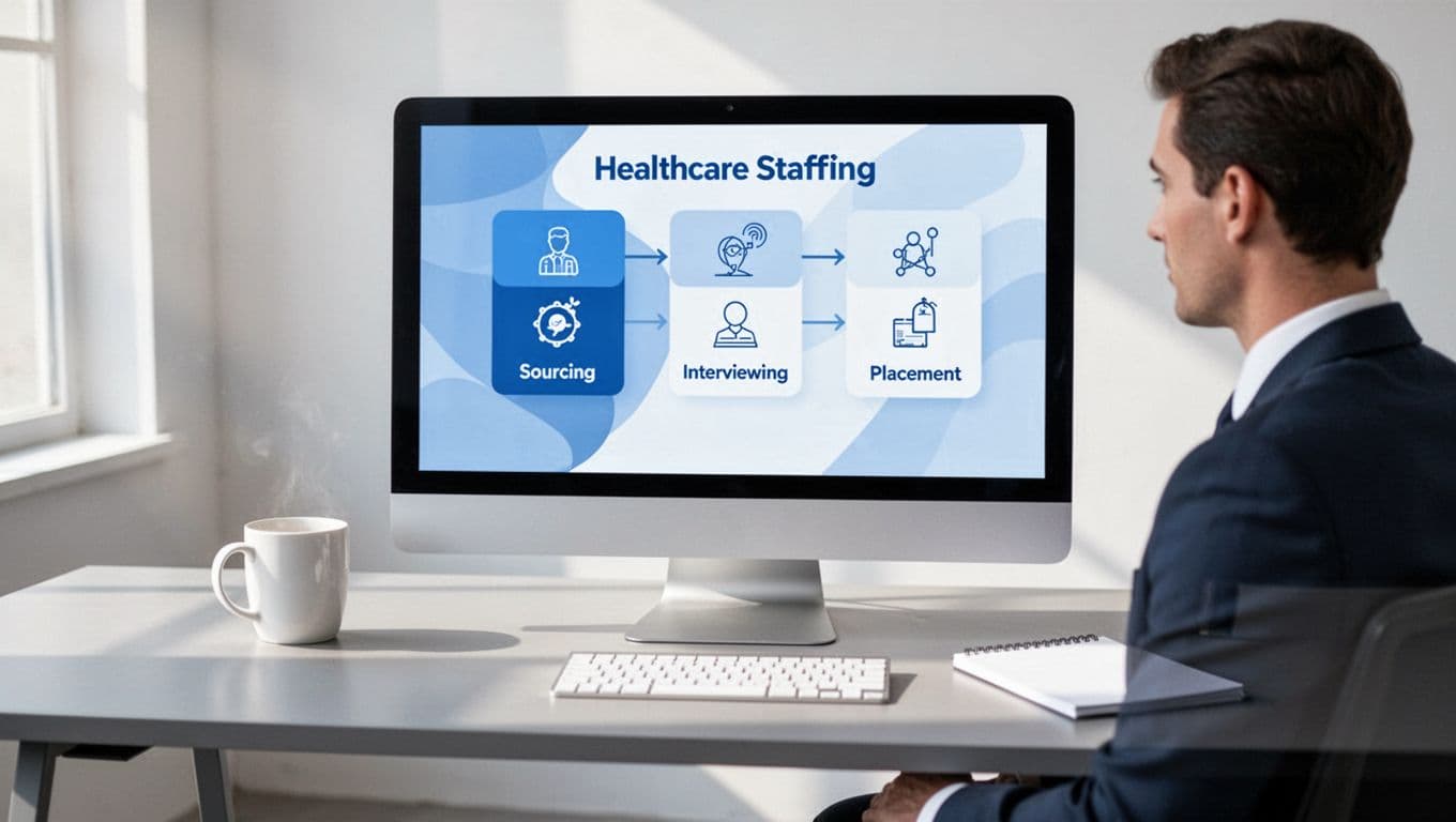 Recruiter views computer screen showing workflow stages from sourcing to placement for nurses and allied health, desk with coffee mug and notepad.