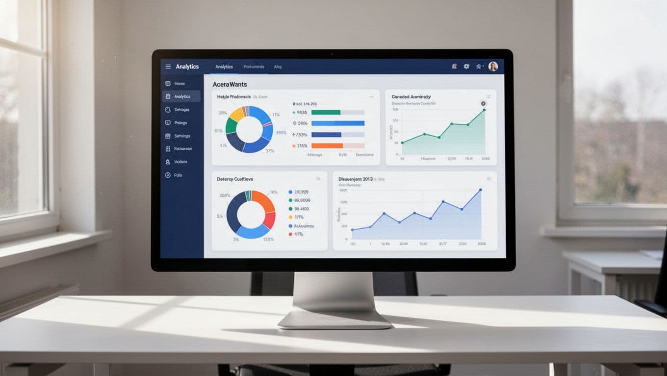 Modern illustration of a clean analytics dashboard on one office monitor displaying service metrics like ticket resolution time and customer satisfaction for small businesses, with charts and graphs in natural indoor light.