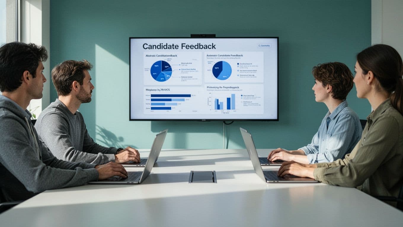 Three team members discuss candidate feedback charts on a shared screen in a conference room.