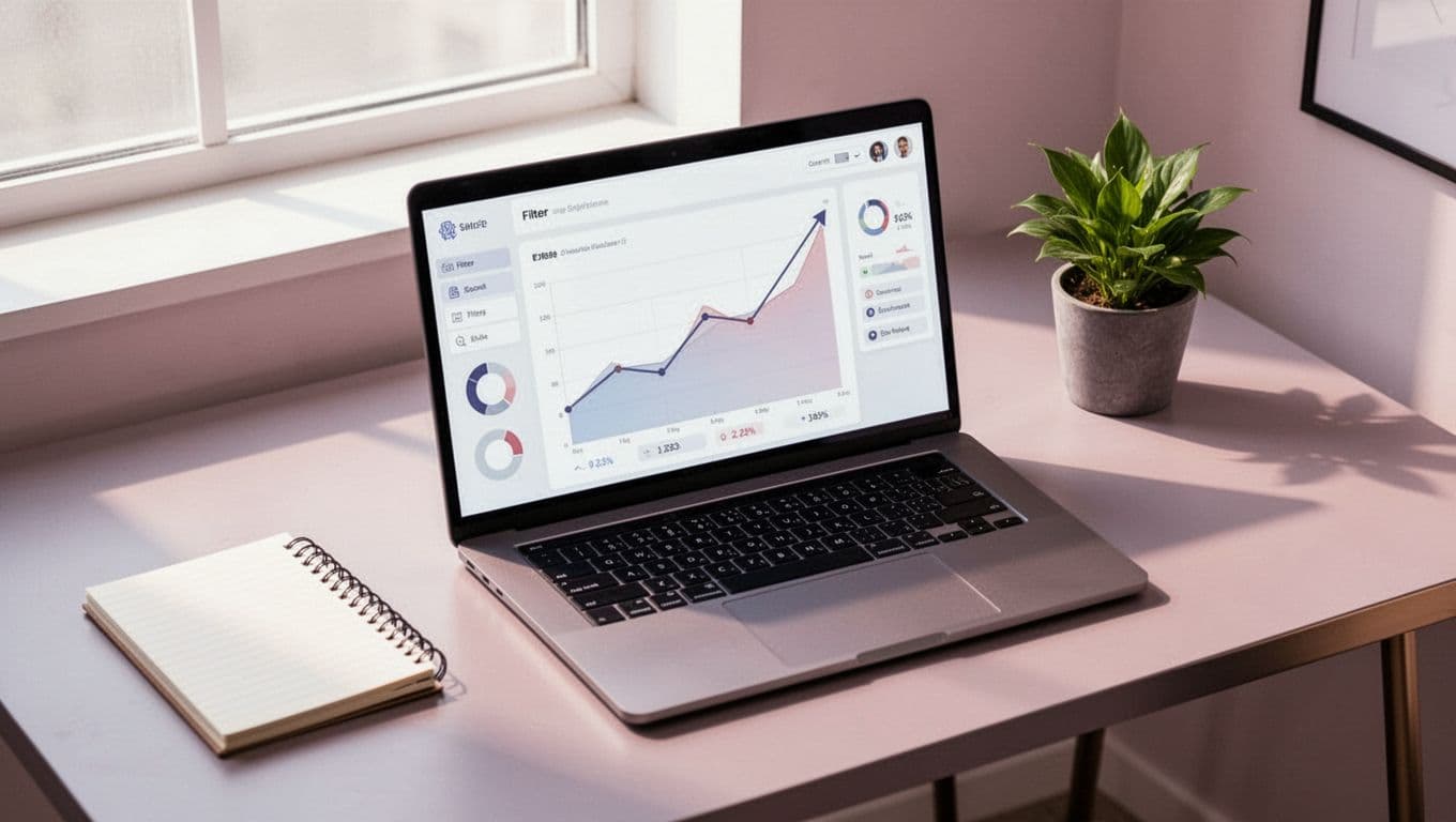 Modern illustration featuring a laptop screen with a sharply rising trend graph for home decor on a simple dashboard, set on a contemporary desk with notebook and plant, top-down view with natural window light.