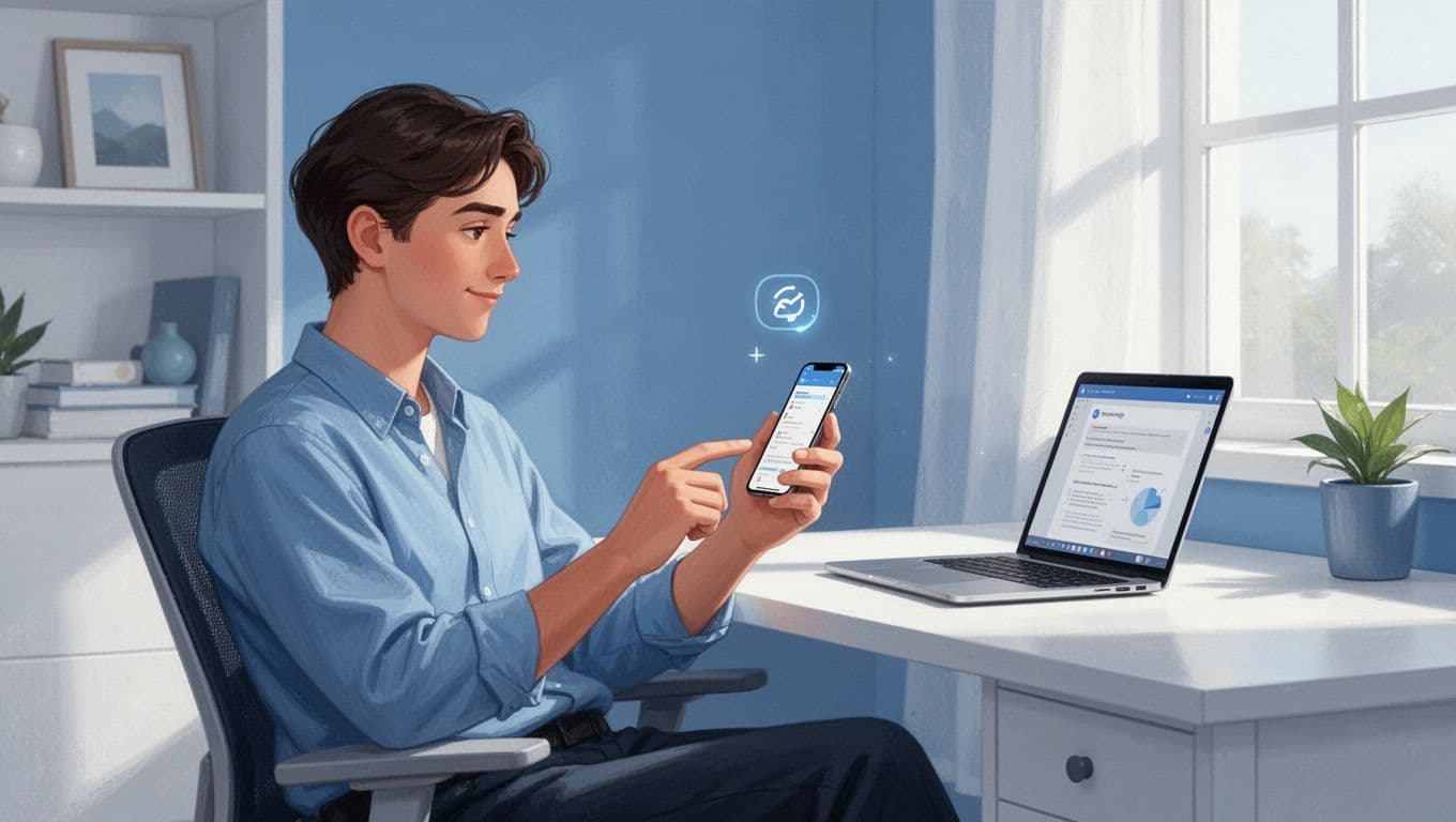 Person in home office holds smartphone with abstract email notification for new podcast episode, laptop open nearby.